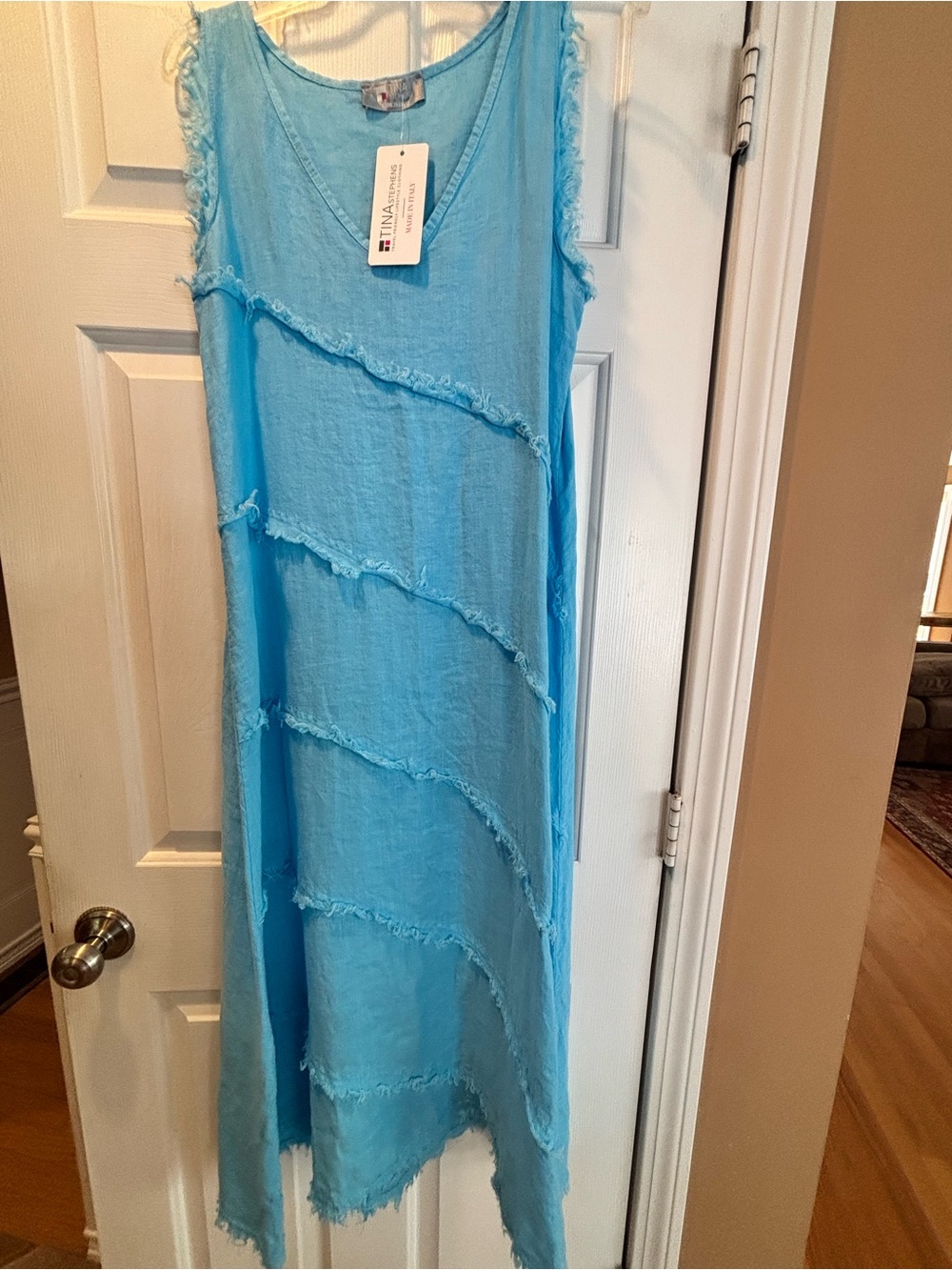 Light Blue Sleeveless Frayed-Stripe Maxi Dress
